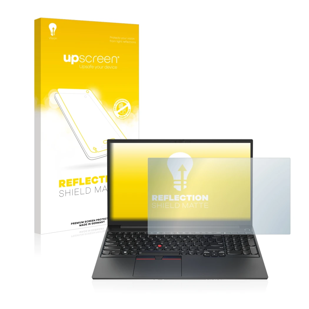 Vorderseite einer Produktverpackung mit dem Markenlogo upscreen. Daneben ist das Gerät Lenovo ThinkPad E15 Gen 4 mit dem zugeh