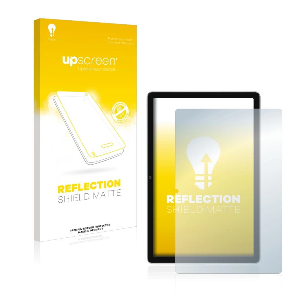 Vorderseite einer Produktverpackung mit dem Markenlogo upscreen. Daneben ist das Gerät Blackview Tab 13 mit dem zugehörigen Di