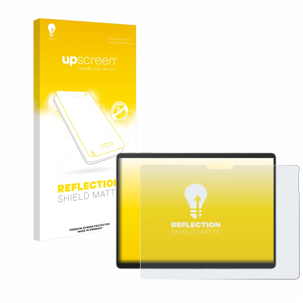 Vorderseite einer Produktverpackung mit dem Markenlogo upscreen. Daneben ist das Gerät Microsoft Surface Pro 9 mit dem zugehör