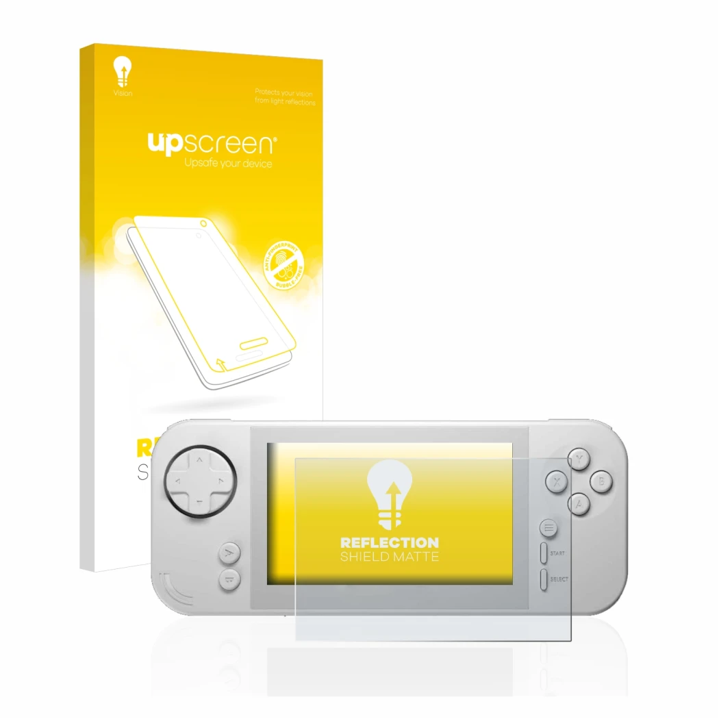 Vorderseite einer Produktverpackung mit dem Markenlogo upscreen. Daneben ist das Gerät Evercade EXP mit dem zugehörigen Displa