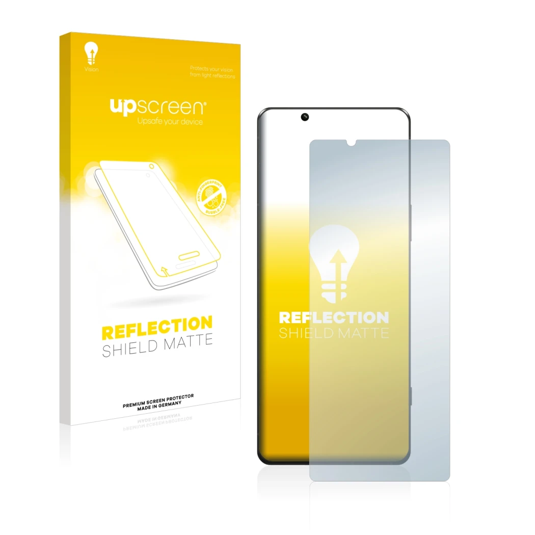 Vorderseite einer Produktverpackung mit dem Markenlogo upscreen. Daneben ist das Gerät Sony Xperia 5 IV mit dem zugehörigen Di