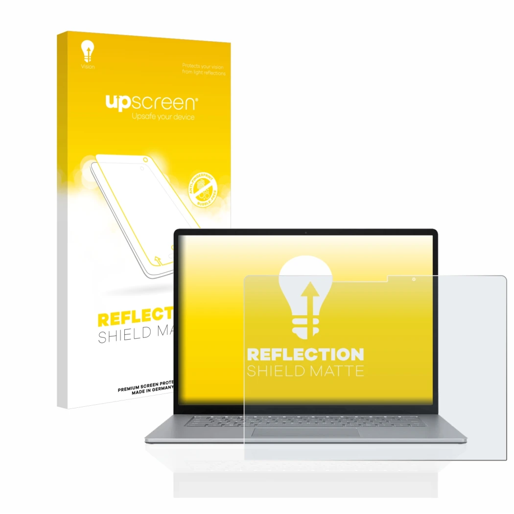 Vorderseite einer Produktverpackung mit dem Markenlogo upscreen. Daneben ist das Gerät Microsoft Surface Laptop 5 13.5