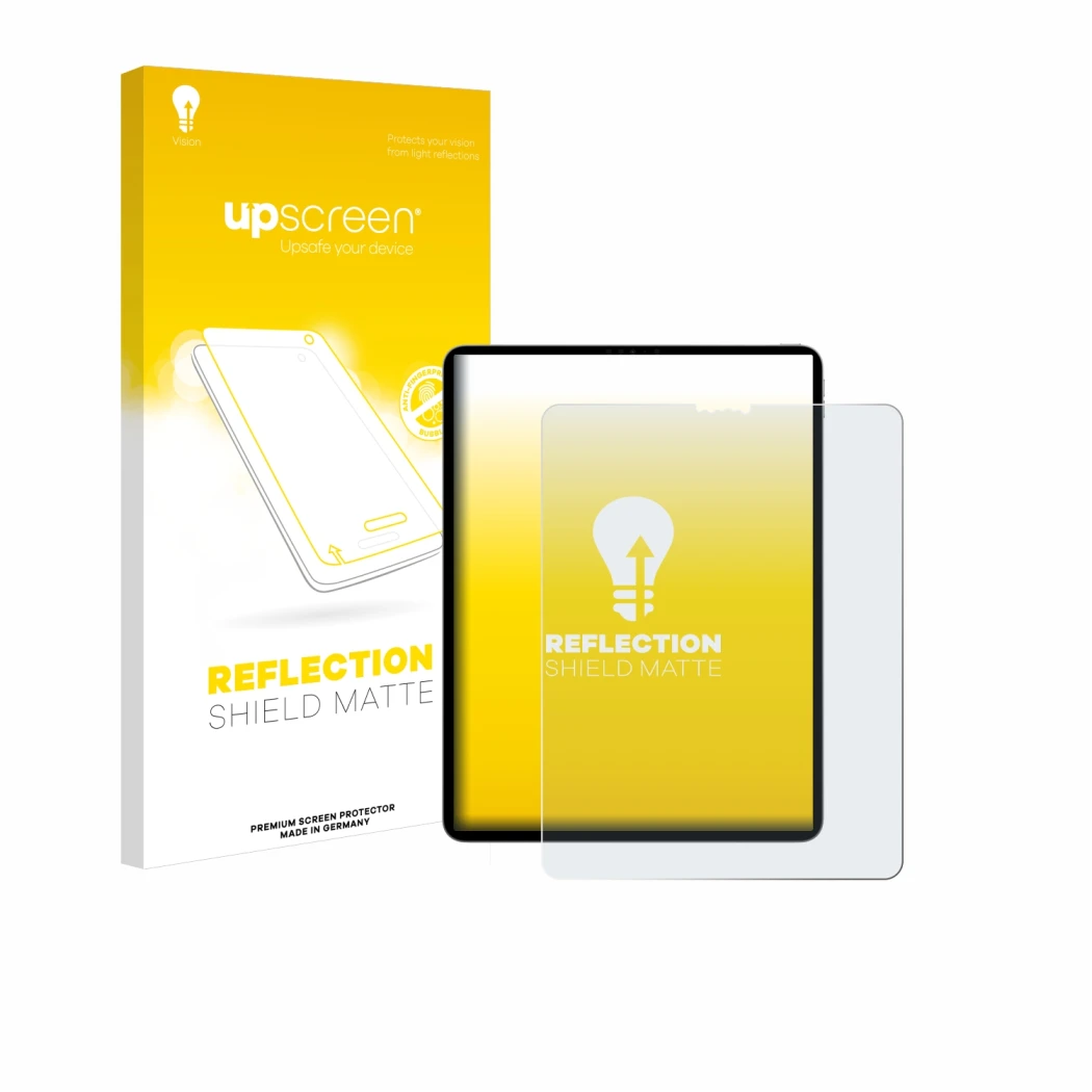 Vorderseite einer Produktverpackung mit dem Markenlogo upscreen. Daneben ist das Gerät Apple iPad Pro 12.9