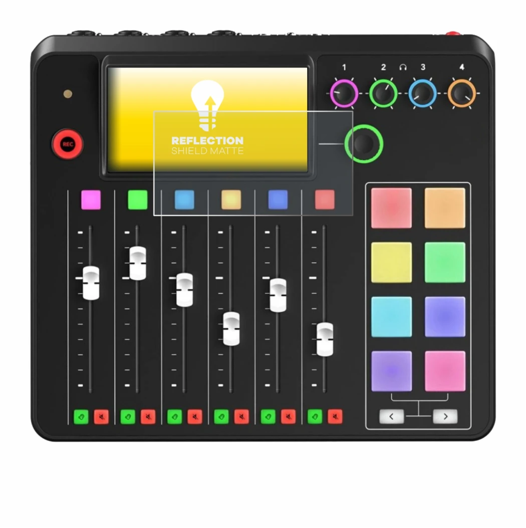 Abbildung des Geräts Rode Rodecaster Pro II mit einer Vielzahl des Displayschutzes.