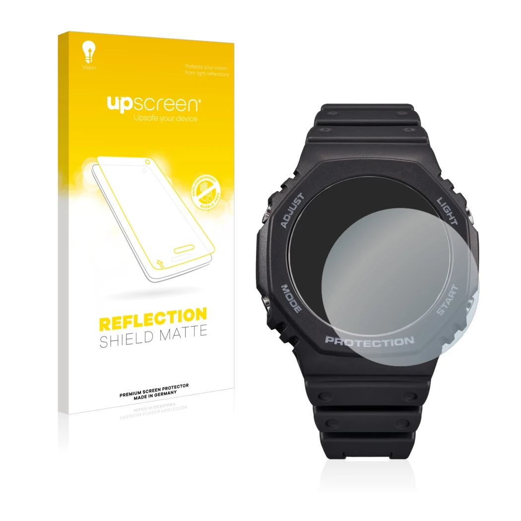 Vorderseite einer Produktverpackung mit dem Markenlogo upscreen. Daneben ist das Gerät Casio G-Shock GA-B2100 mit dem zugehöri