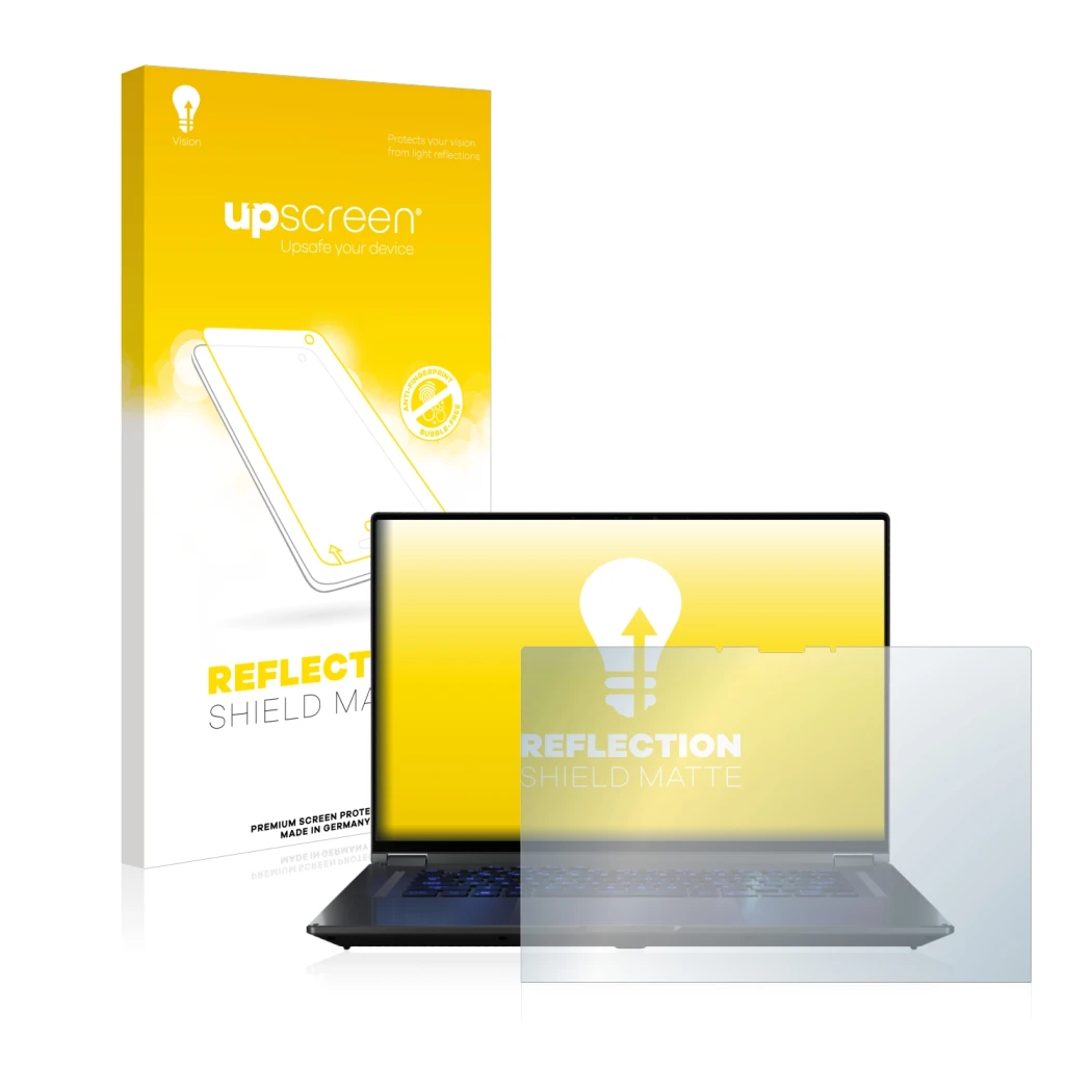 Vorderseite einer Produktverpackung mit dem Markenlogo upscreen. Daneben ist das Gerät ASUS ROG Flow X16 mit dem zugehörigen D