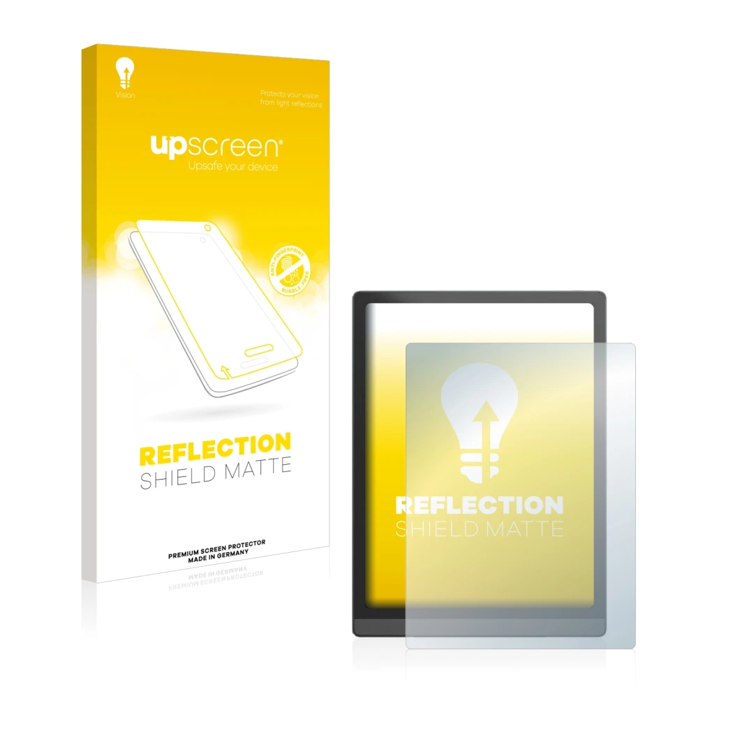 Vorderseite einer Produktverpackung mit dem Markenlogo upscreen. Daneben ist das Gerät Boox Tab X mit dem zugehörigen Displays