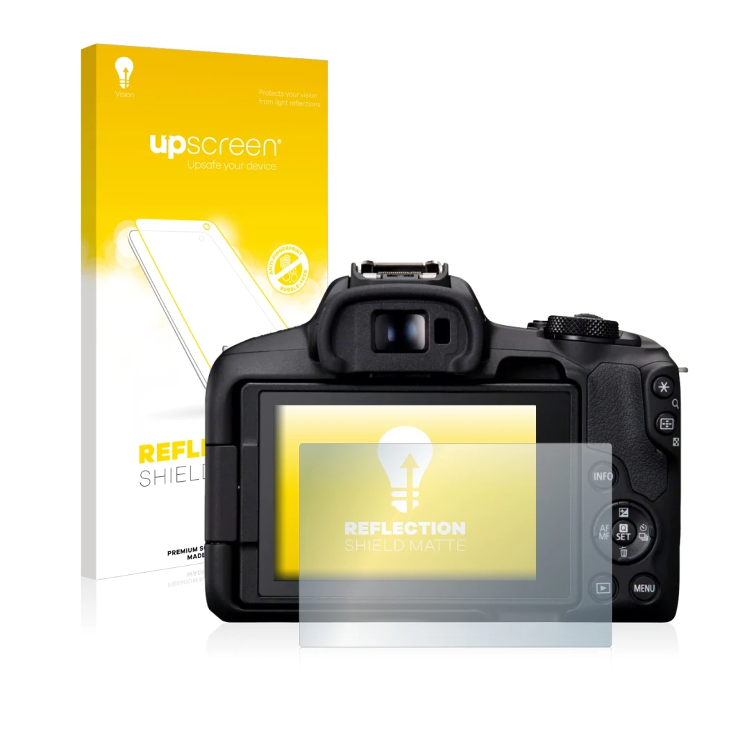 Vorderseite einer Produktverpackung mit dem Markenlogo upscreen. Daneben ist das Gerät Canon EOS R50 mit dem zugehörigen Displ