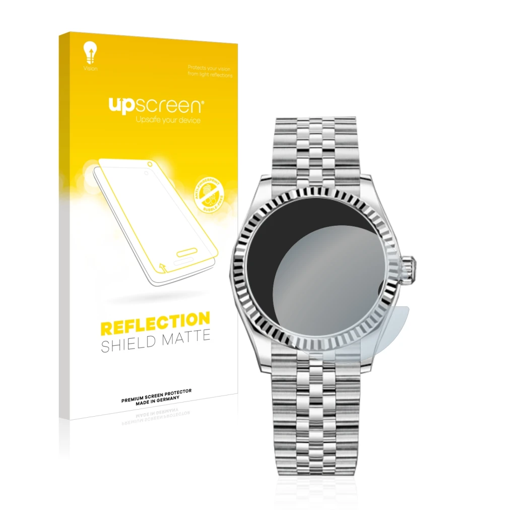 Vorderseite einer Produktverpackung mit dem Markenlogo upscreen. Daneben ist das Gerät Rolex Datejust 31 mit dem zugehörigen D