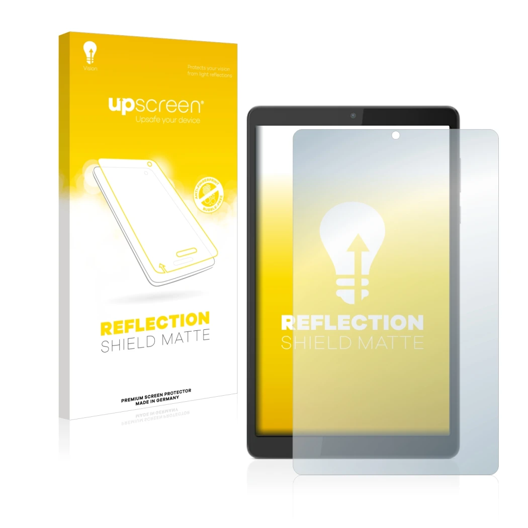 Vorderseite einer Produktverpackung mit dem Markenlogo upscreen. Daneben ist das Gerät Lenovo Tab M8 (4. Gen.) mit dem zugehör