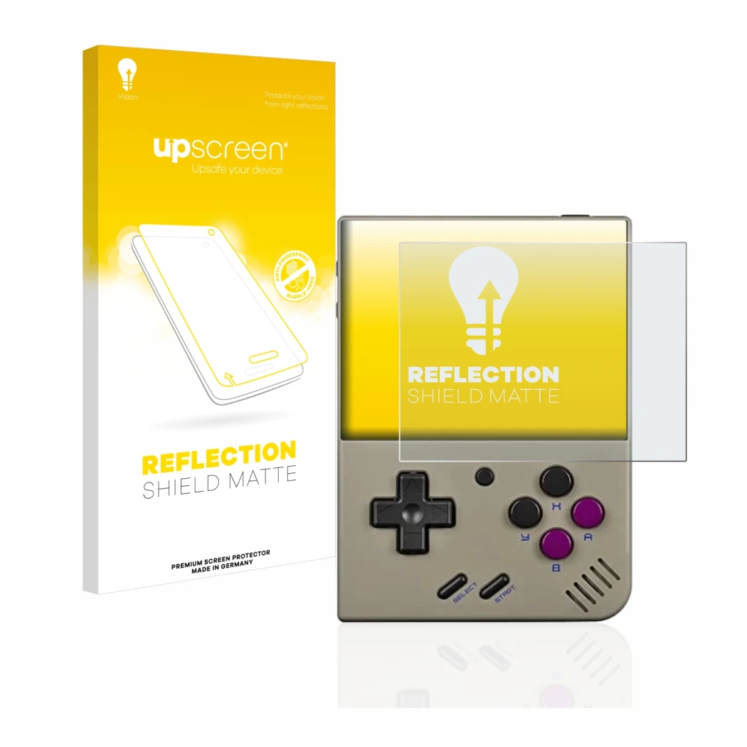 Vorderseite einer Produktverpackung mit dem Markenlogo upscreen. Daneben ist das Gerät Miyoo Mini Plus mit dem zugehörigen Dis