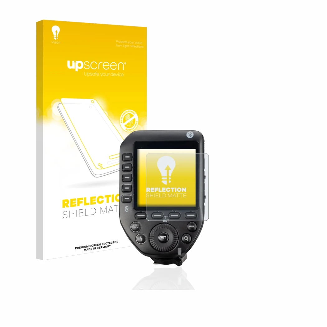 Vorderseite einer Produktverpackung mit dem Markenlogo upscreen. Daneben ist das Gerät Godox XPro II mit dem zugehörigen Displ
