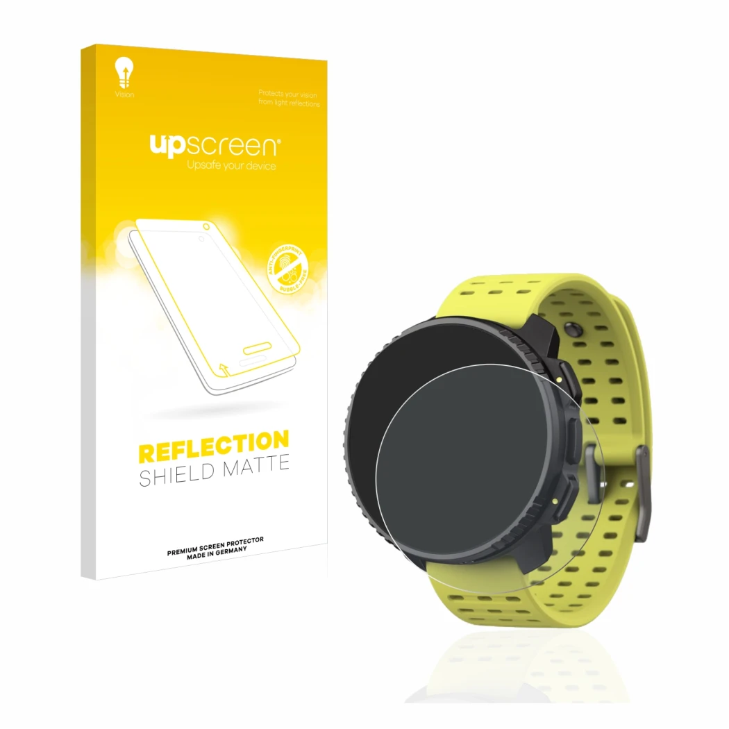 Vorderseite einer Produktverpackung mit dem Markenlogo upscreen. Daneben ist das Gerät Suunto Vertical mit dem zugehörigen Dis