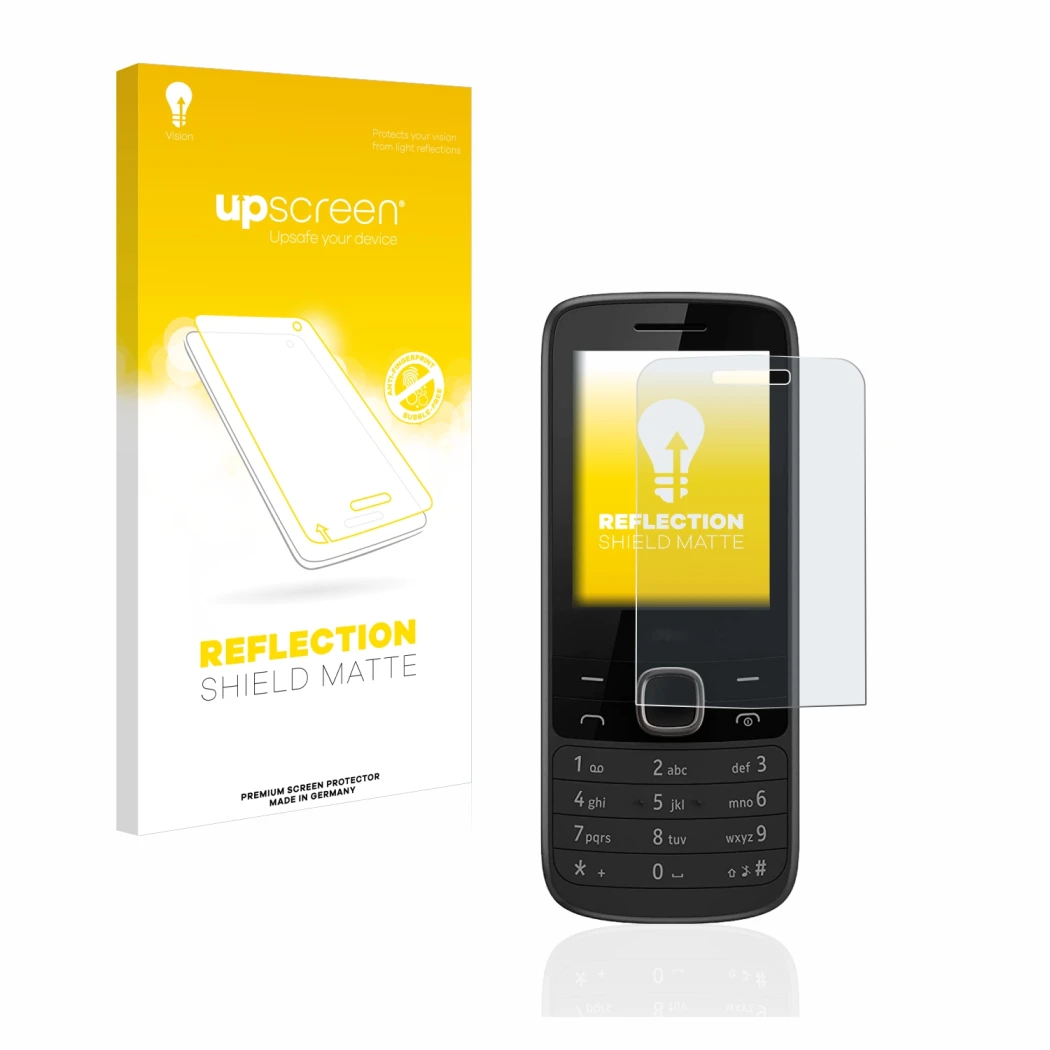 Vorderseite einer Produktverpackung mit dem Markenlogo upscreen. Daneben ist das Gerät Nokia 225 4G mit dem zugehörigen Displa