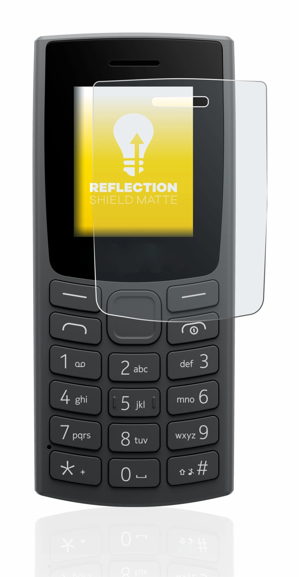 Abbildung des Geräts Nokia 110 (2023) mit einer Vielzahl des Displayschutzes.