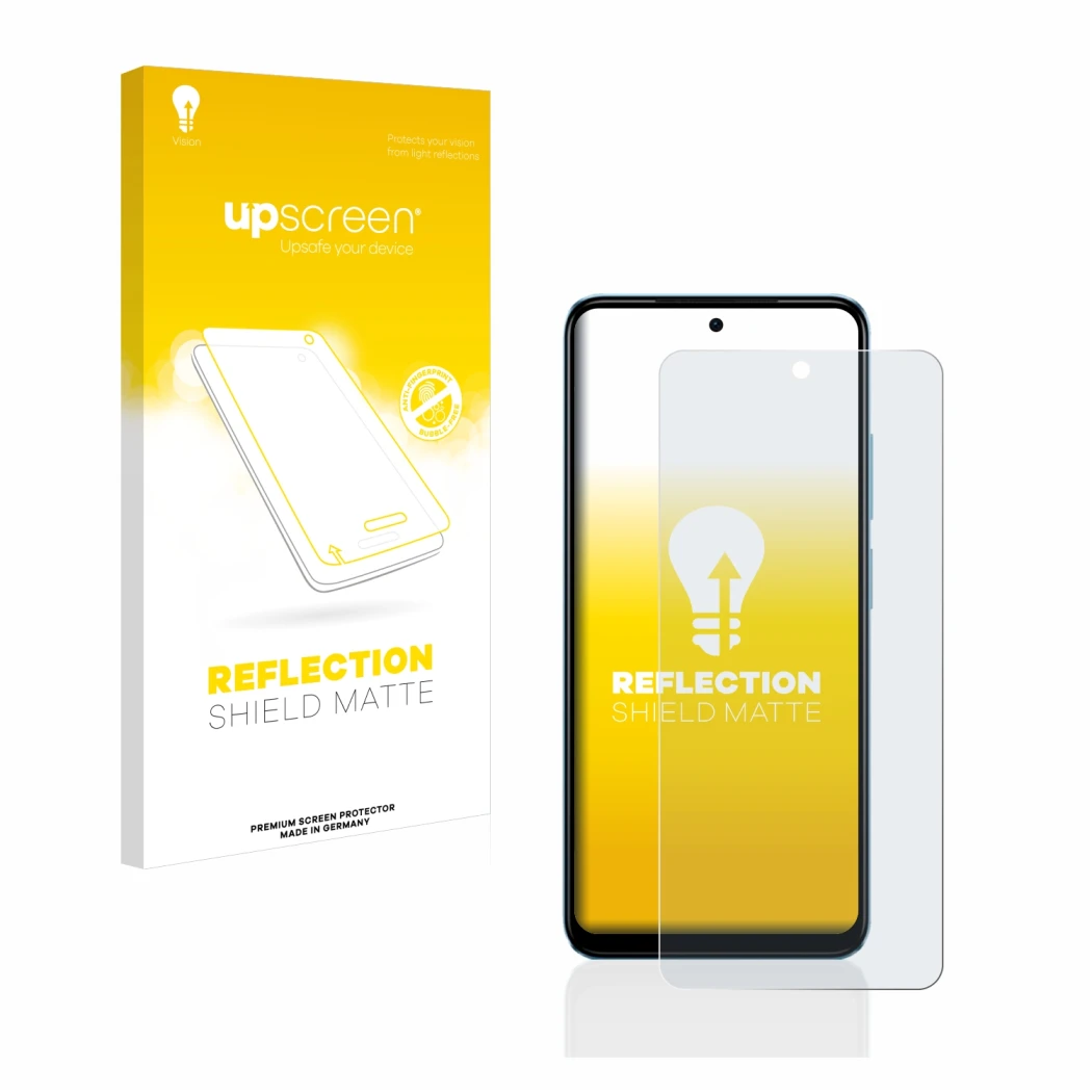 Vorderseite einer Produktverpackung mit dem Markenlogo upscreen. Daneben ist das Gerät Xiaomi Redmi Note 12S mit dem zugehörig