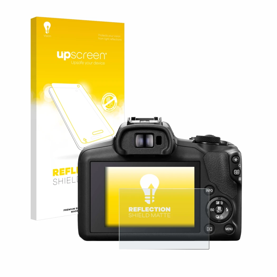 Vorderseite einer Produktverpackung mit dem Markenlogo upscreen. Daneben ist das Gerät Canon EOS R100 mit dem zugehörigen Disp