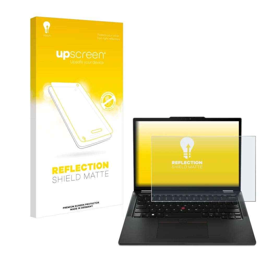 Vorderseite einer Produktverpackung mit dem Markenlogo upscreen. Daneben ist das Gerät Lenovo ThinkPad X13 Gen 4 mit dem zugeh