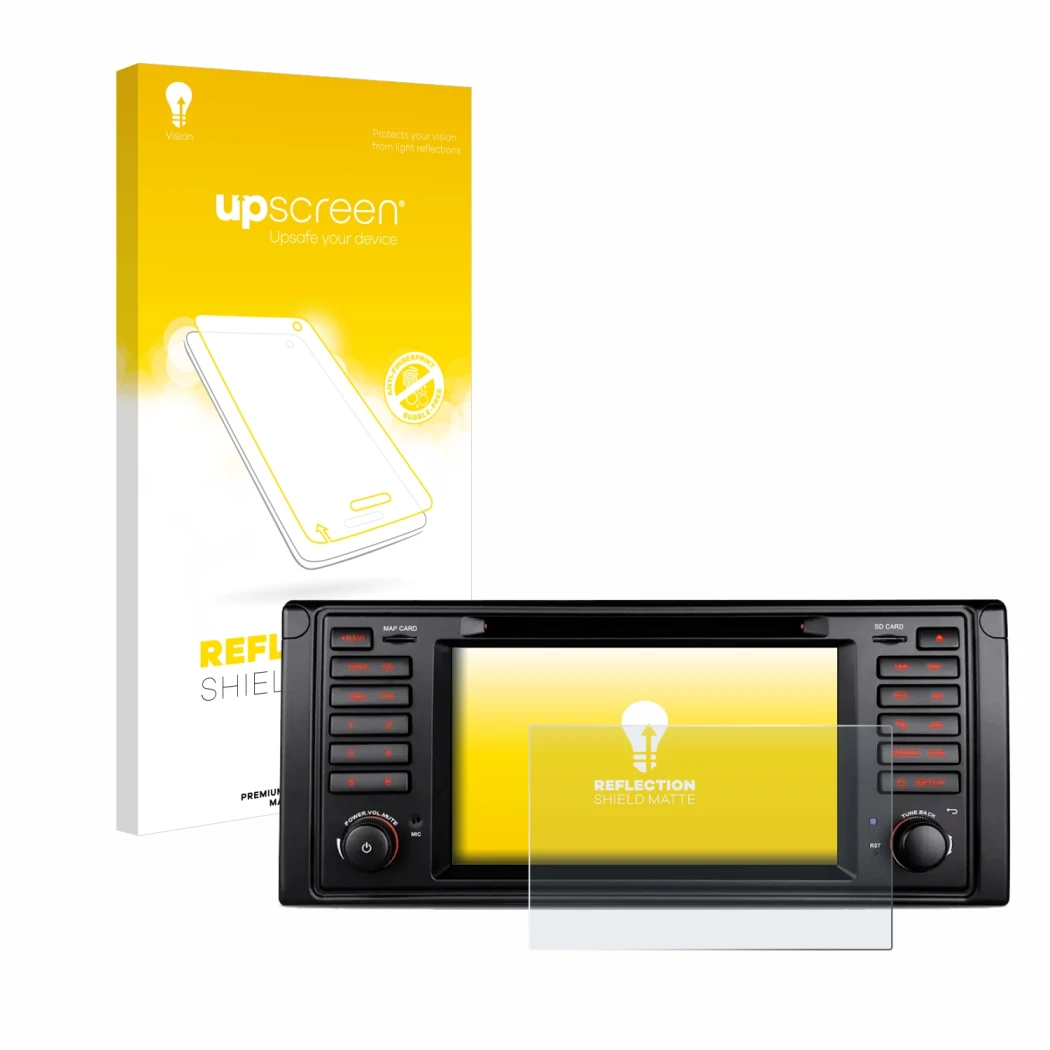 Vorderseite einer Produktverpackung mit dem Markenlogo upscreen. Daneben ist das Gerät Xtrons IQ7039B mit dem zugehörigen Disp