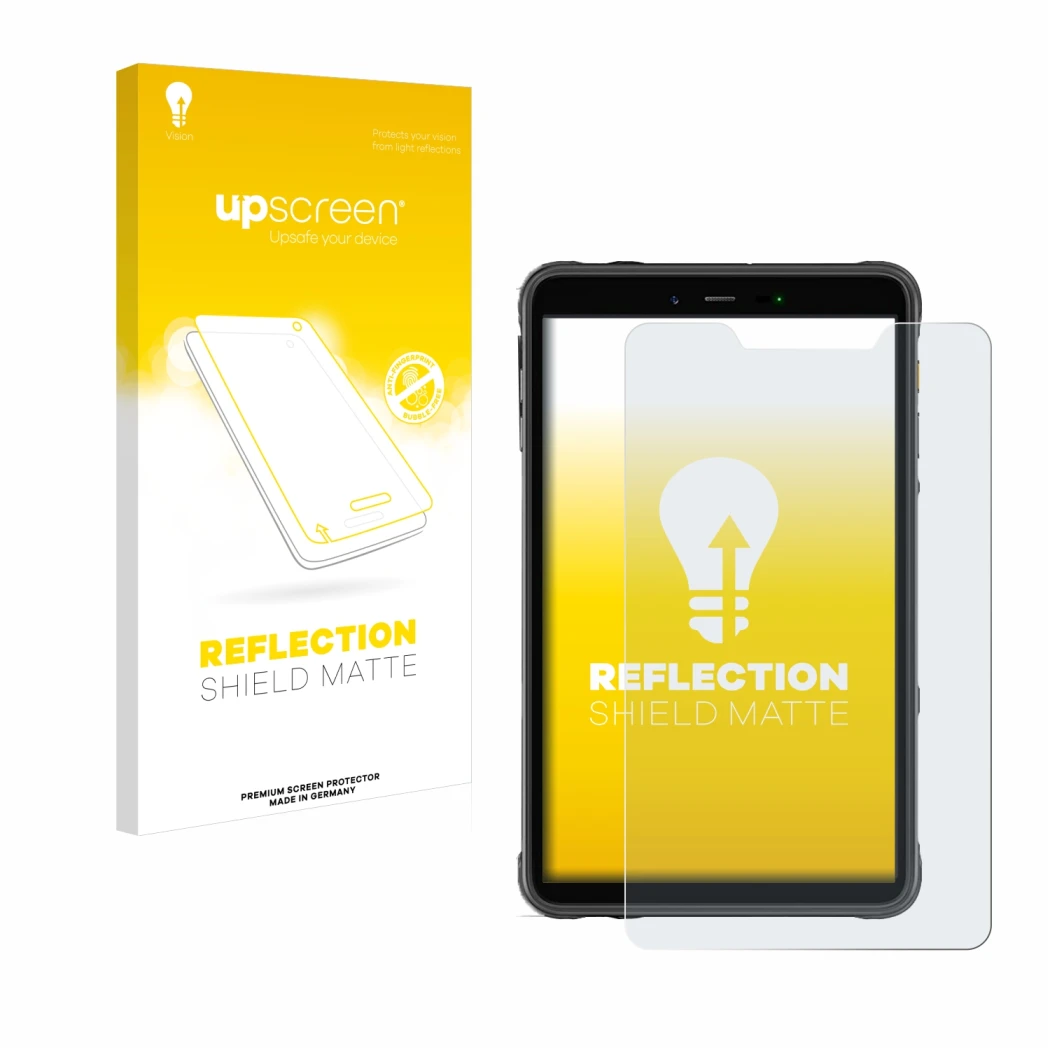 Vorderseite einer Produktverpackung mit dem Markenlogo upscreen. Daneben ist das Gerät Ulefone Armor Pad 8 mit dem zugehörigen