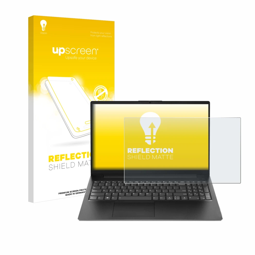 Vorderseite einer Produktverpackung mit dem Markenlogo upscreen. Daneben ist das Gerät Lenovo V15 Gen 4 AMN mit dem zugehörige