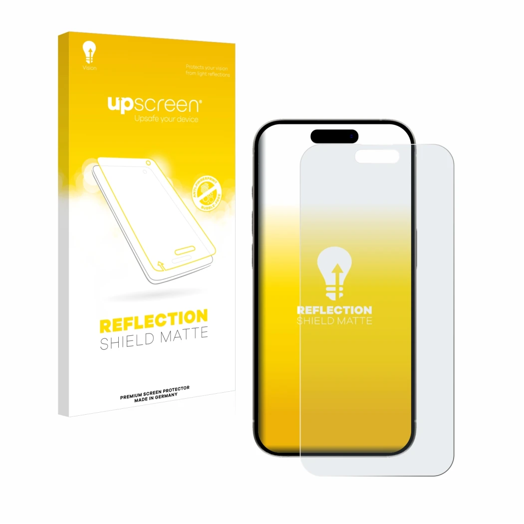 Vorderseite einer Produktverpackung mit dem Markenlogo upscreen. Daneben ist das Gerät Apple iPhone 15 Pro Max mit dem zugehör