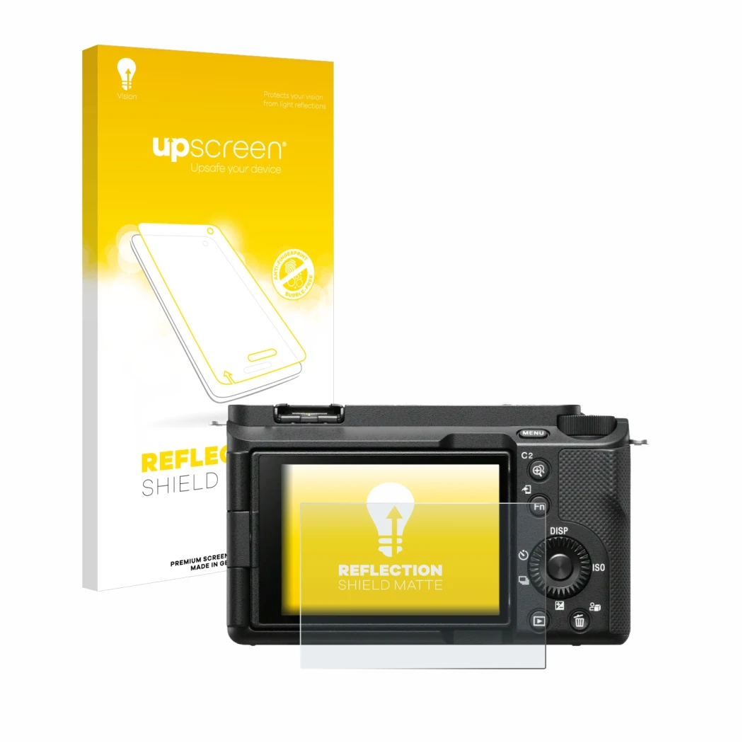 Vorderseite einer Produktverpackung mit dem Markenlogo upscreen. Daneben ist das Gerät Sony Alpha ZV-E1 mit dem zugehörigen Di