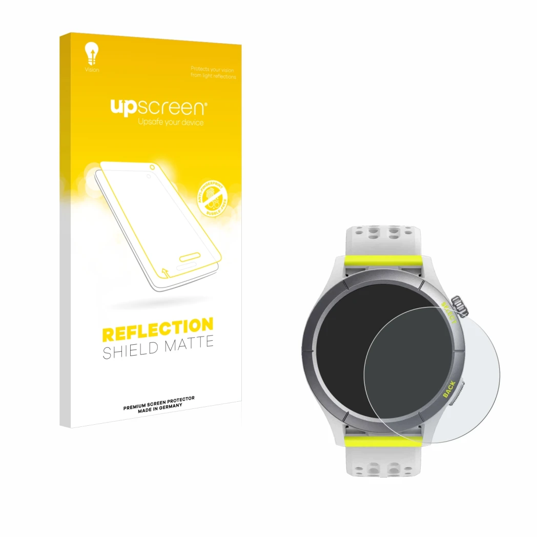 Vorderseite einer Produktverpackung mit dem Markenlogo upscreen. Daneben ist das Gerät Huami Amazfit Cheetah mit dem zugehörig