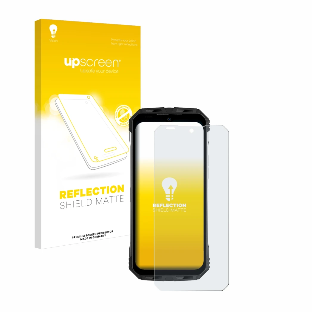 Vorderseite einer Produktverpackung mit dem Markenlogo upscreen. Daneben ist das Gerät Doogee S100 Pro mit dem zugehörigen Dis