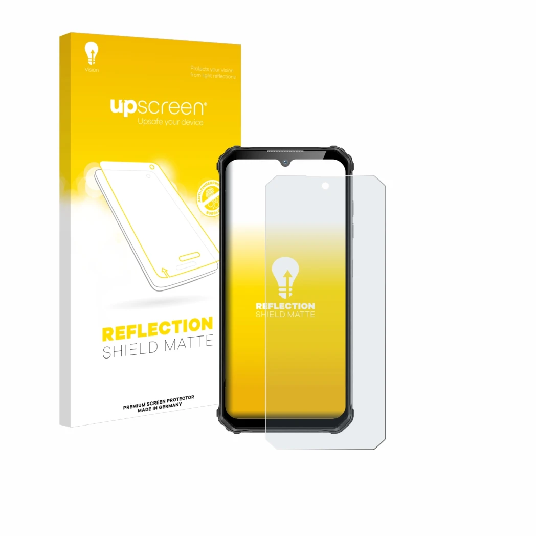 Vorderseite einer Produktverpackung mit dem Markenlogo upscreen. Daneben ist das Gerät Oukitel WP22 mit dem zugehörigen Displa