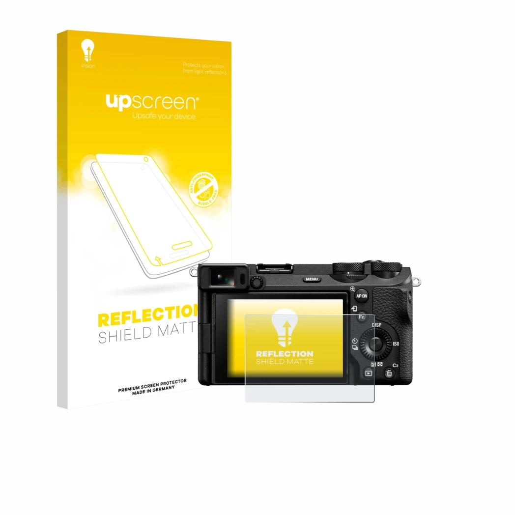 Vorderseite einer Produktverpackung mit dem Markenlogo upscreen. Daneben ist das Gerät Sony Alpha 6700 mit dem zugehörigen Dis