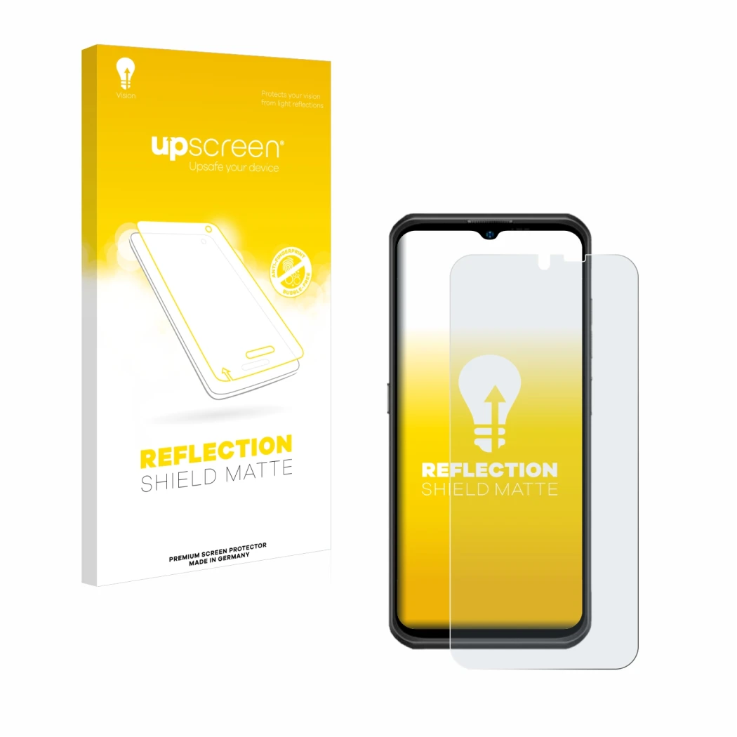 Vorderseite einer Produktverpackung mit dem Markenlogo upscreen. Daneben ist das Gerät Ulefone Armor 17 Pro mit dem zugehörige