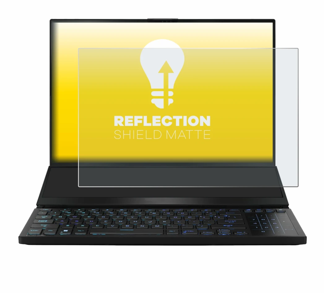 Abbildung des Geräts ASUS ROG Zephyrus Duo 16 2023 mit einer Vielzahl des Displayschutzes.