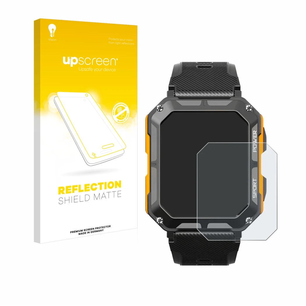 Vorderseite einer Produktverpackung mit dem Markenlogo upscreen. Daneben ist das Gerät Njord Gear The Indestructible Smartwatc