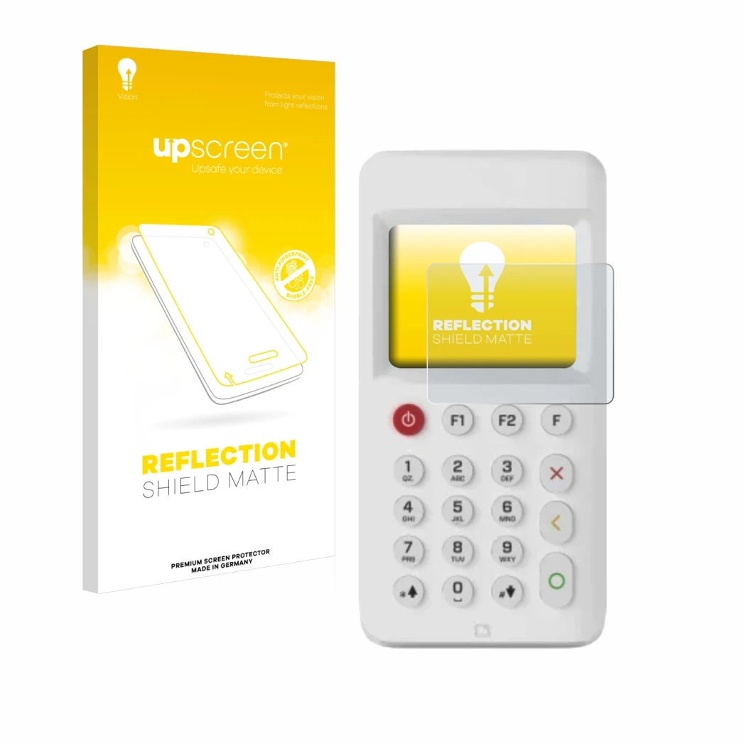 Vorderseite einer Produktverpackung mit dem Markenlogo upscreen. Daneben ist das Gerät myPOS Go 2 mit dem zugehörigen Displays
