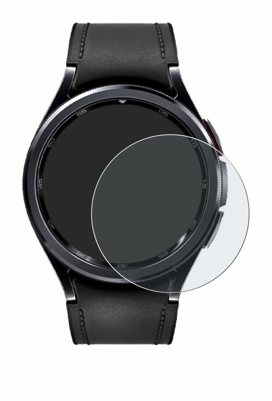 Abbildung des Geräts Samsung Galaxy Watch 6 Classic (47 mm) mit einer Vielzahl des Displayschutzes.
