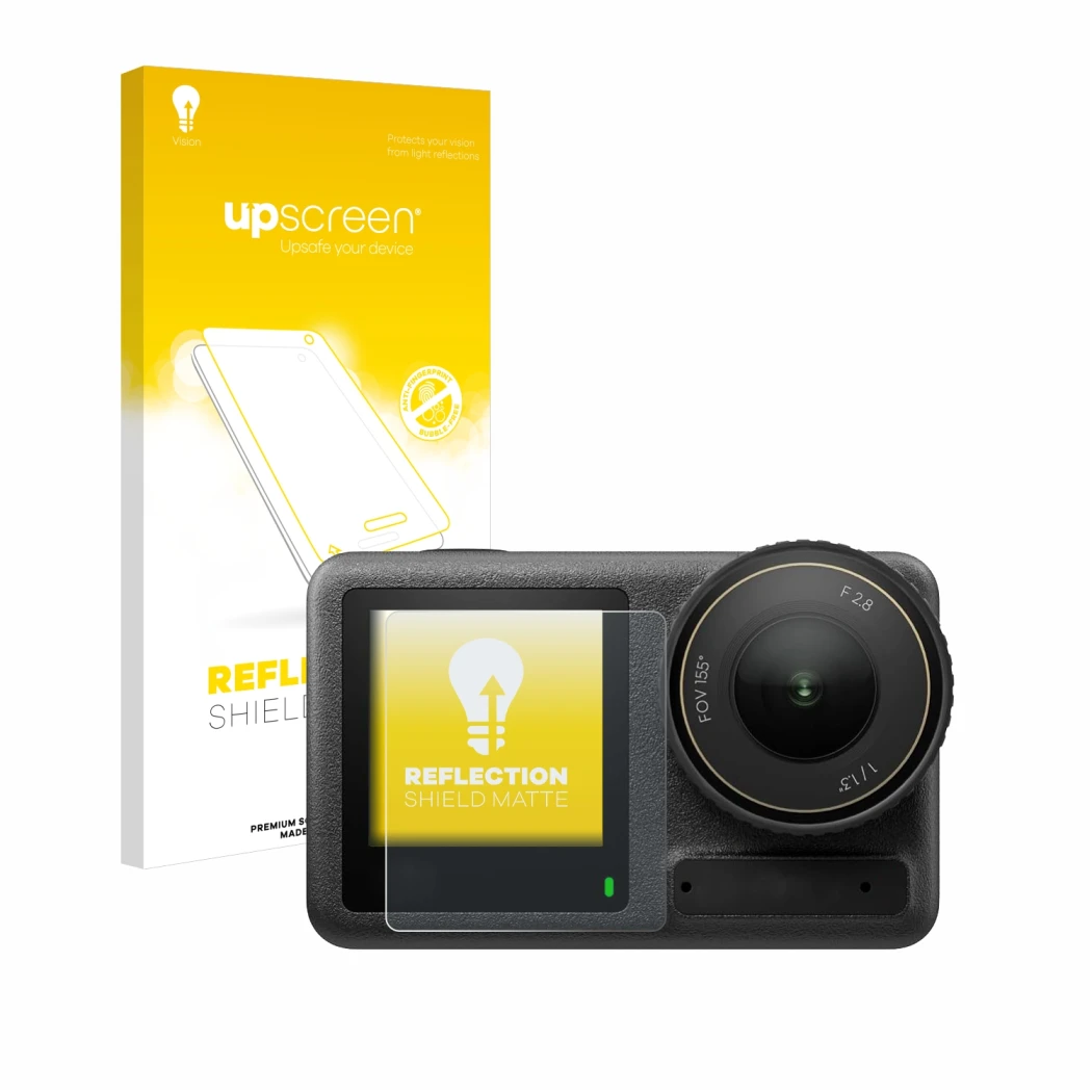 Vorderseite einer Produktverpackung mit dem Markenlogo upscreen. Daneben ist das Gerät DJI Osmo Action 4 (Vorderes Display) mi