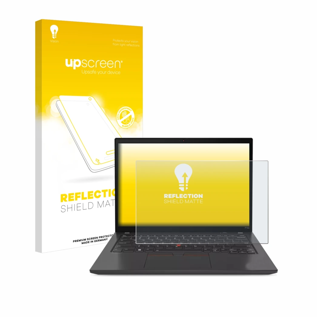 Vorderseite einer Produktverpackung mit dem Markenlogo upscreen. Daneben ist das Gerät Lenovo ThinkPad P14s Gen 4 mit dem zuge