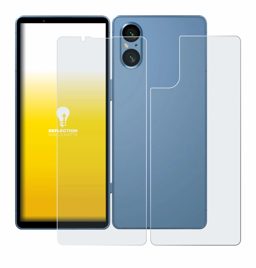Abbildung des Geräts Sony Xperia 5 V (Display+Rückseite) mit einer Vielzahl des Displayschutzes.