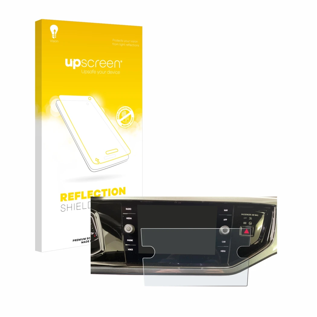 Vorderseite einer Produktverpackung mit dem Markenlogo upscreen. Daneben ist das Gerät Volkswagen Polo VI Ready 2 Discover 8