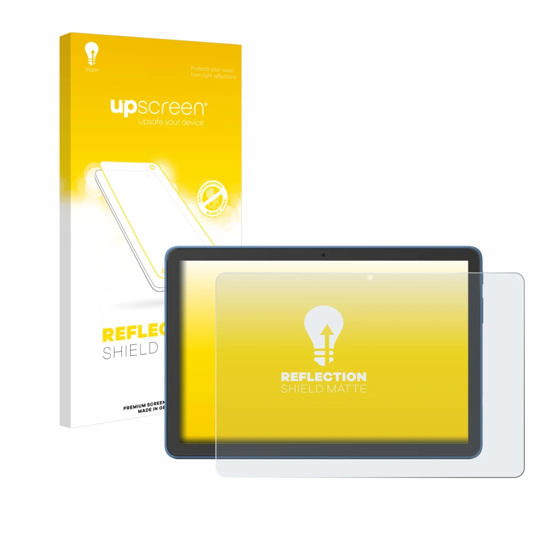 Vorderseite einer Produktverpackung mit dem Markenlogo upscreen. Daneben ist das Gerät Amazon Fire HD 10 2023 (13. Gen.) mit d