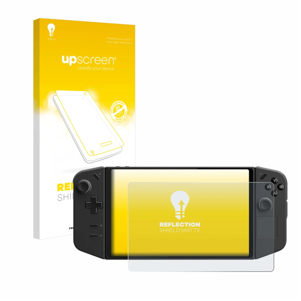 Vorderseite einer Produktverpackung mit dem Markenlogo upscreen. Daneben ist das Gerät Lenovo Legion Go mit dem zugehörigen Di