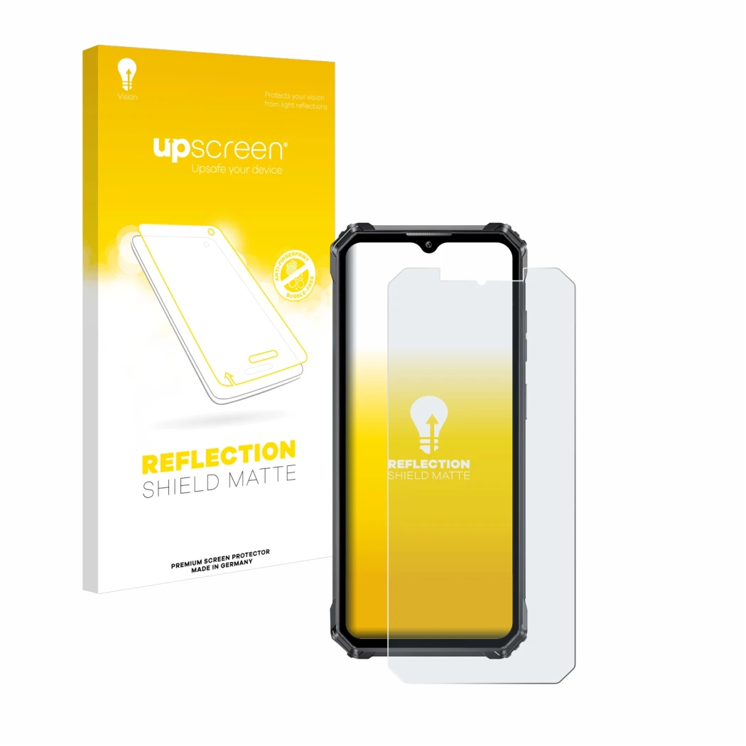 Vorderseite einer Produktverpackung mit dem Markenlogo upscreen. Daneben ist das Gerät Oukitel WP28 mit dem zugehörigen Displa