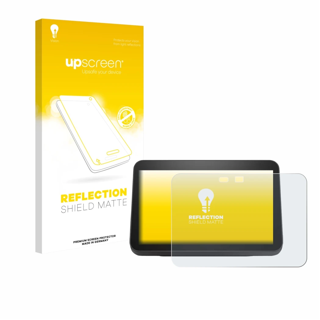 Vorderseite einer Produktverpackung mit dem Markenlogo upscreen. Daneben ist das Gerät Amazon Echo Show 8 2023 (3. Gen.) mit d