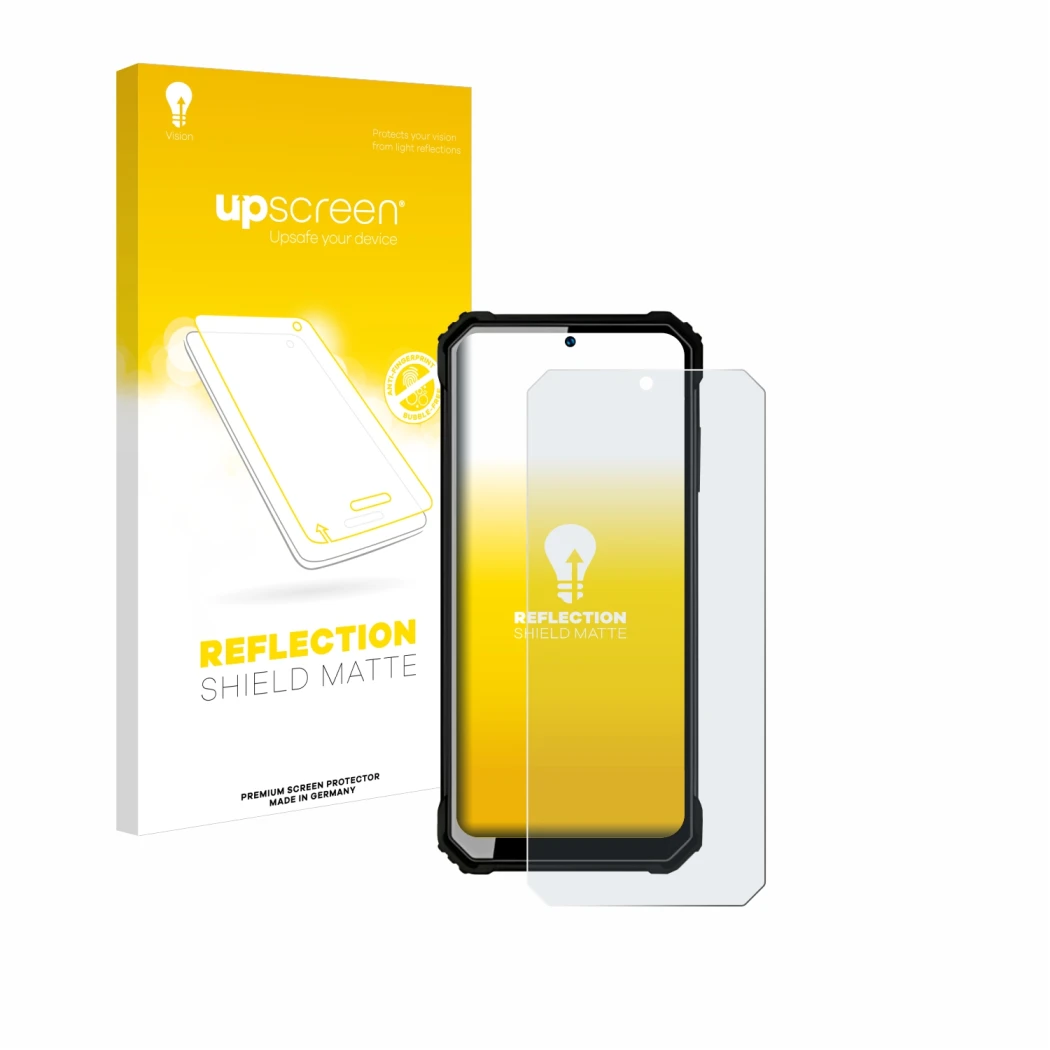 Vorderseite einer Produktverpackung mit dem Markenlogo upscreen. Daneben ist das Gerät Oukitel WP23 mit dem zugehörigen Displa