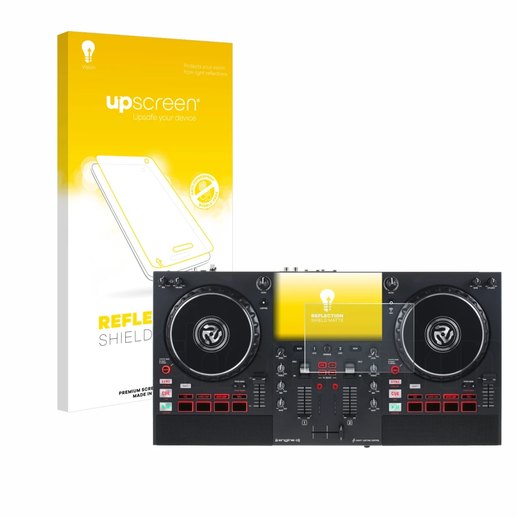Vorderseite einer Produktverpackung mit dem Markenlogo upscreen. Daneben ist das Gerät Numark Mixstream Pro+ mit dem zugehörig