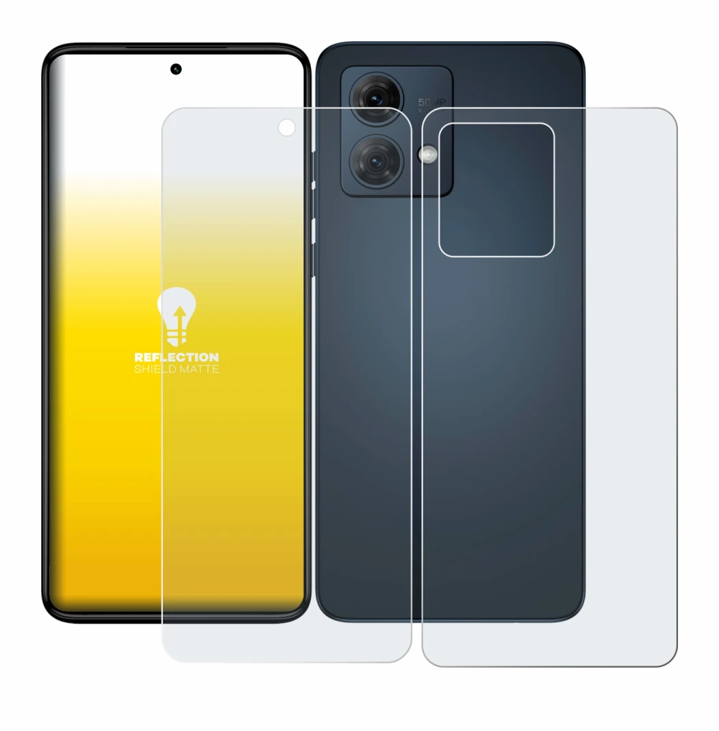 Abbildung des Geräts Motorola Moto G84 (Display+Rückseite) mit einer Vielzahl des Displayschutzes.