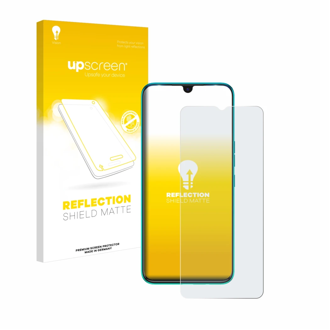 Vorderseite einer Produktverpackung mit dem Markenlogo upscreen. Daneben ist das Gerät Tecno Spark 7 mit dem zugehörigen Displ