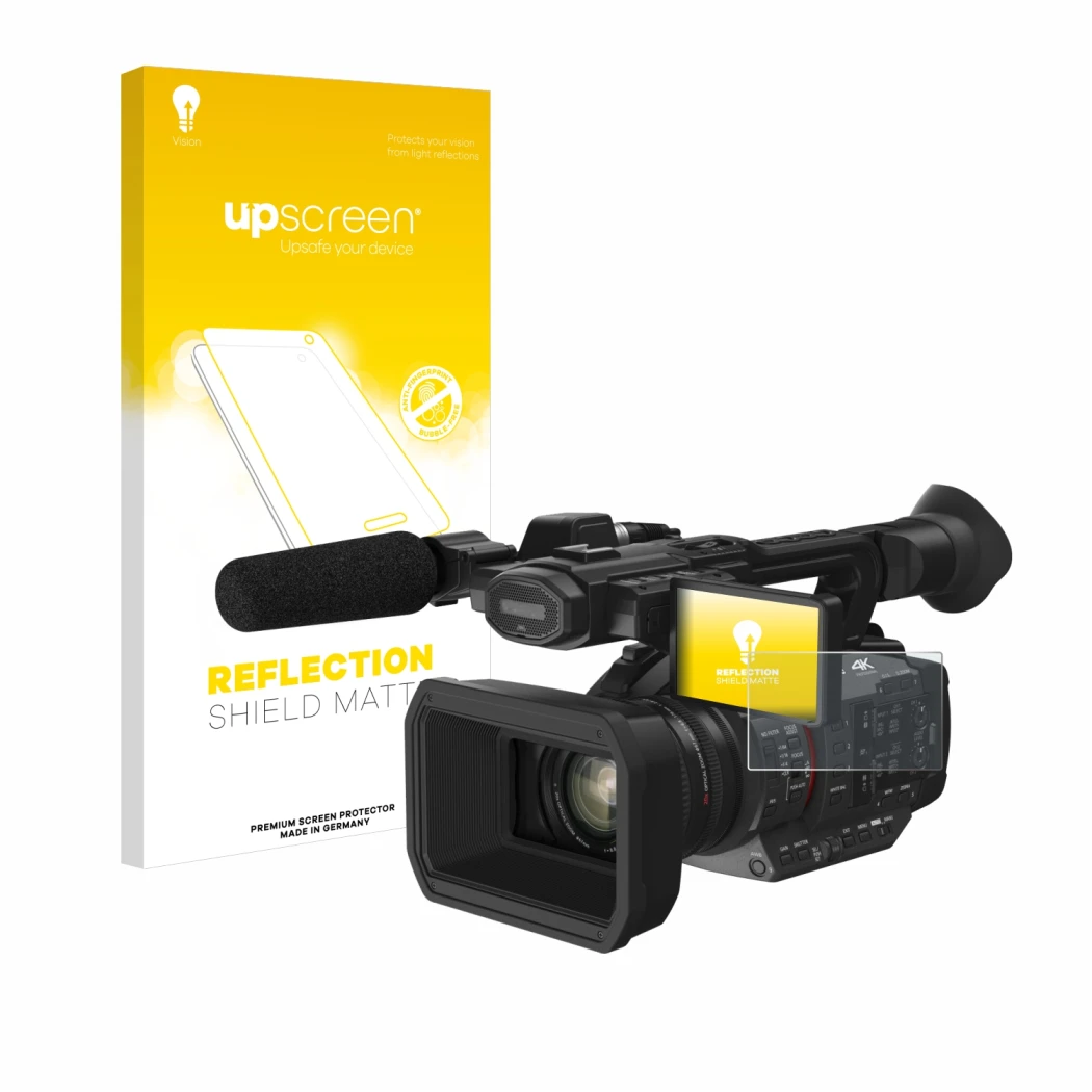 Vorderseite einer Produktverpackung mit dem Markenlogo upscreen. Daneben ist das Gerät Panasonic HC-X2 mit dem zugehörigen Dis