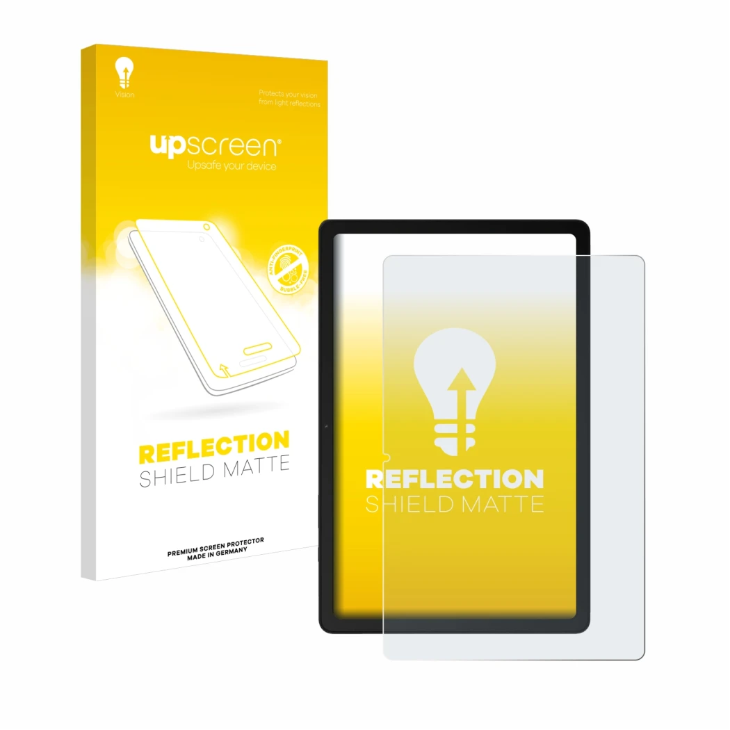 Vorderseite einer Produktverpackung mit dem Markenlogo upscreen. Daneben ist das Gerät Samsung Galaxy Tab A9 Plus WiFi (Hochfo